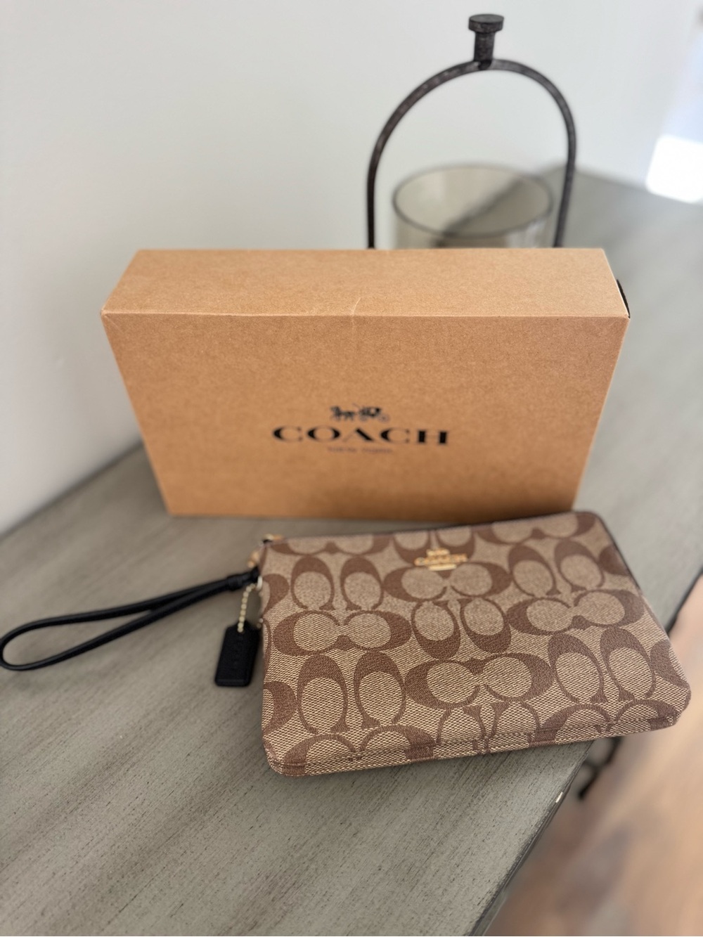 Coach Double Zip Signature Canvas Wristlet with Black Strap